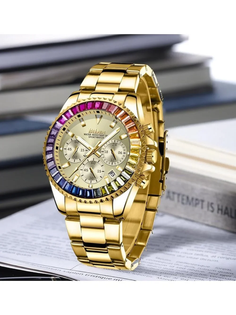 Men's Gold Luxury Stainless Steel Analog Chronograph Waterproof Classic Watch